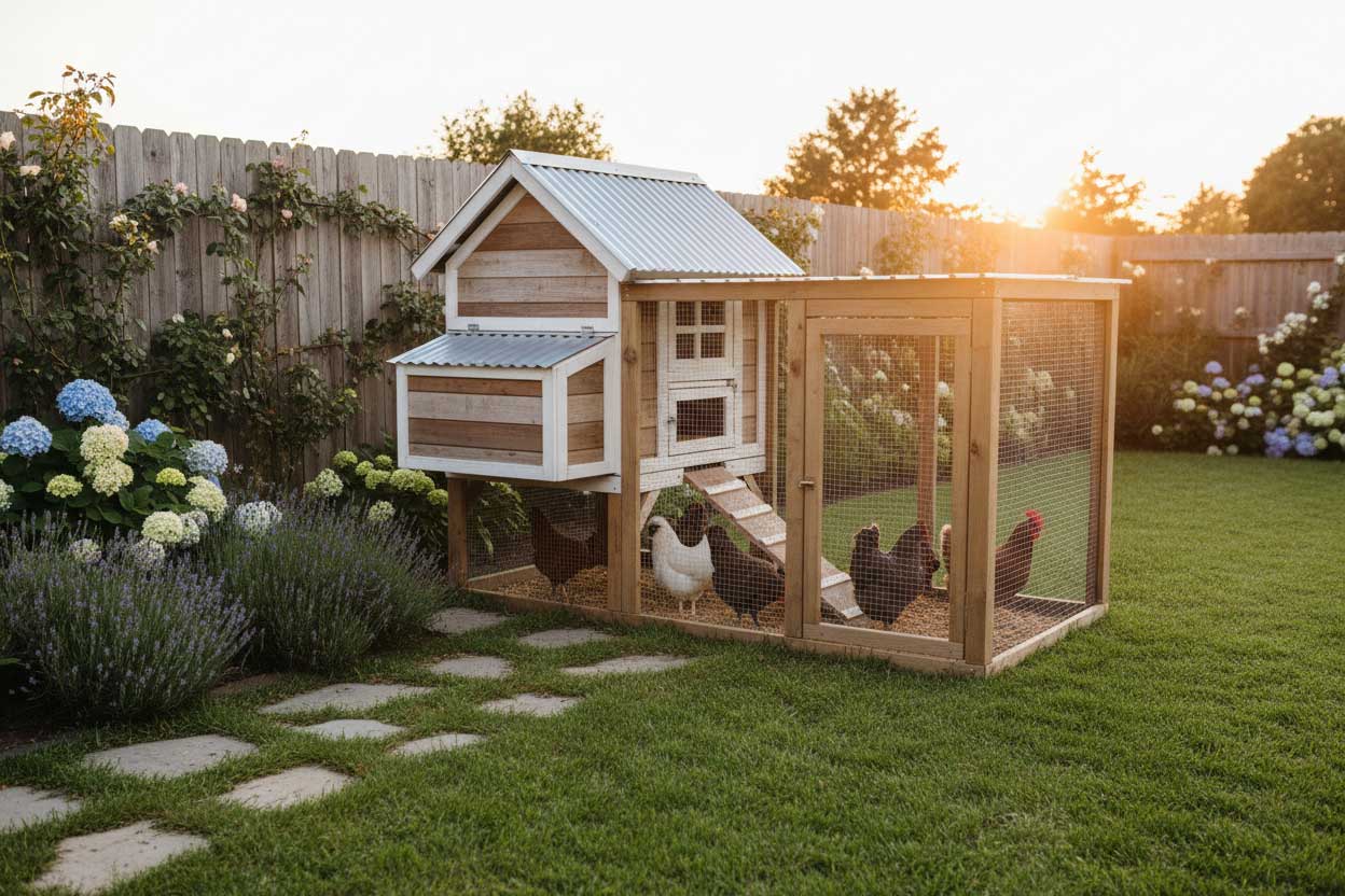 Compact chicken coop in a small backyard