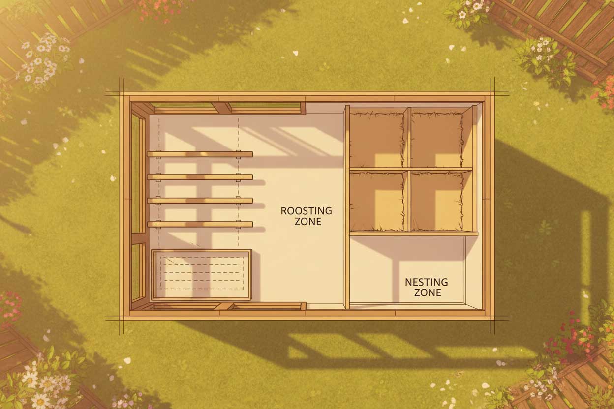 Top-down 4x8 coop layout sketch with roost and nesting zones