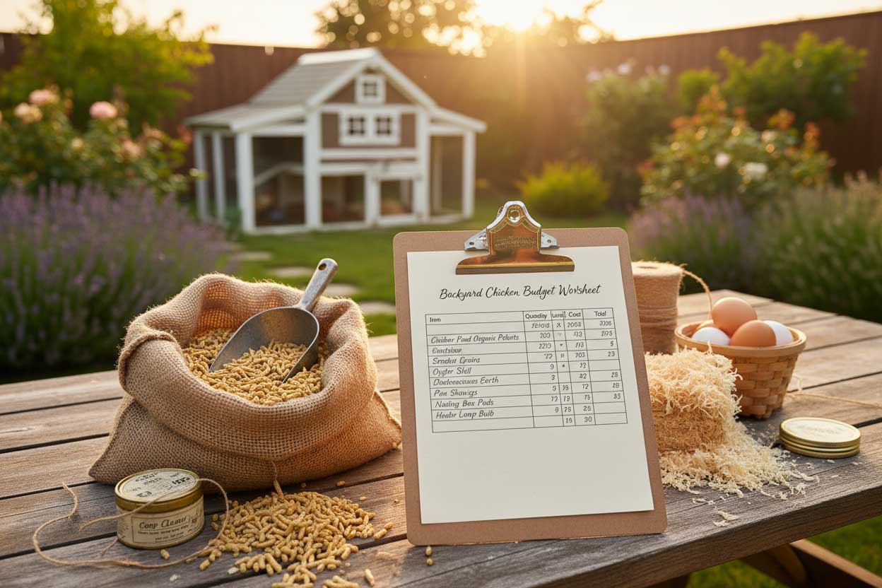 Budget worksheet with chicken feed and coop supply costs