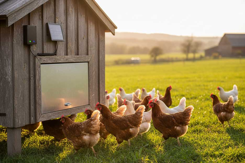 Automatic chicken coop door in action