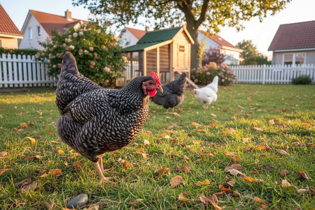 Barred Rock hen standing in green backyard grass