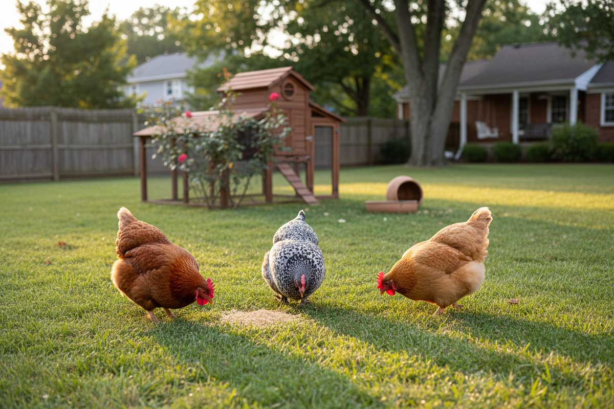 Chickens in backyard eating in the grass