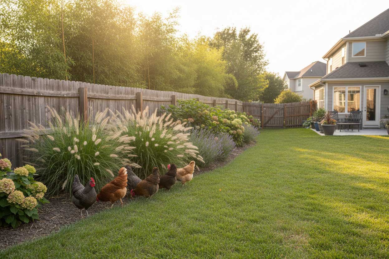 Backyard hens in a suburban neighborhood setting