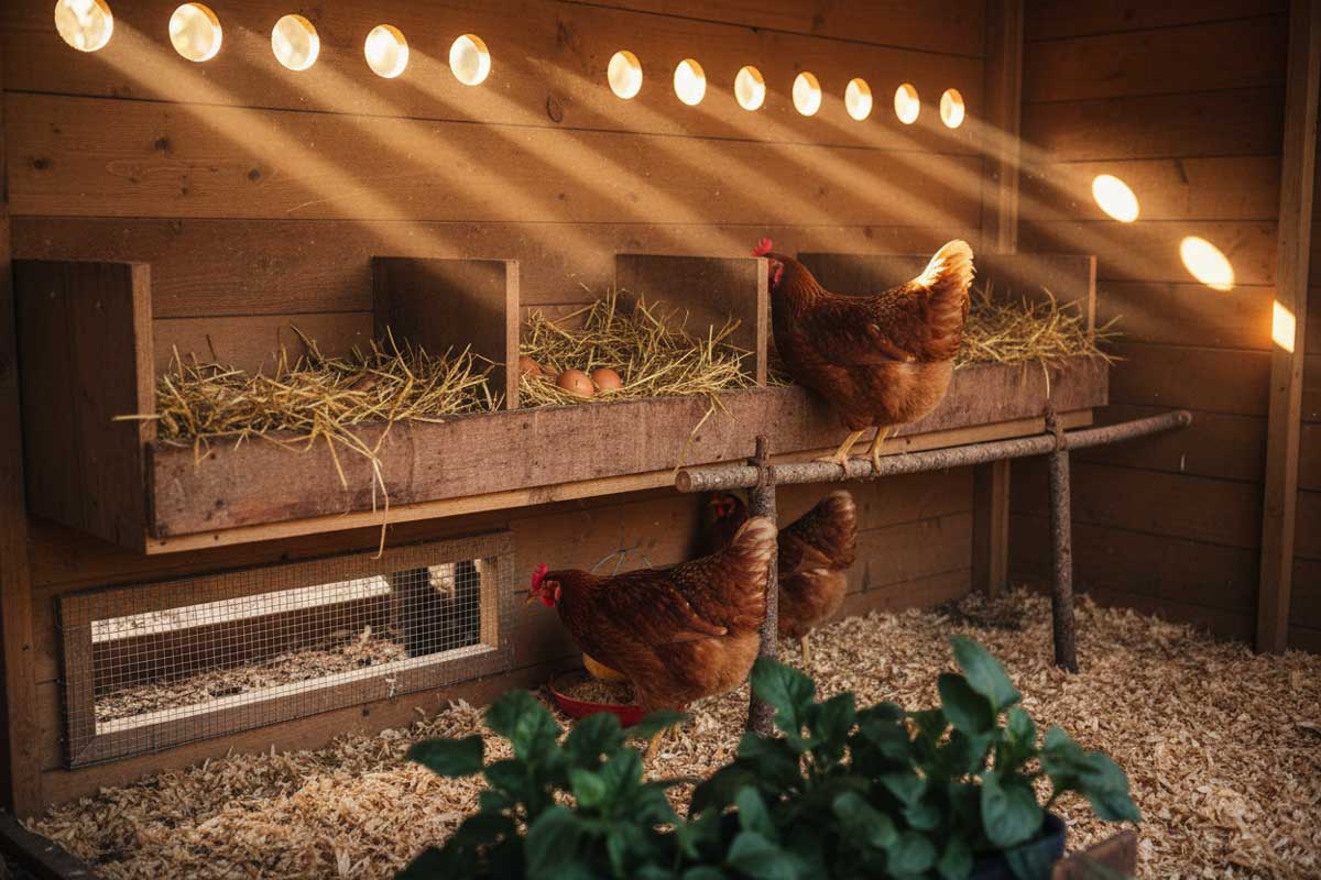 Inside of a chicken coop showing roosts and ventilation