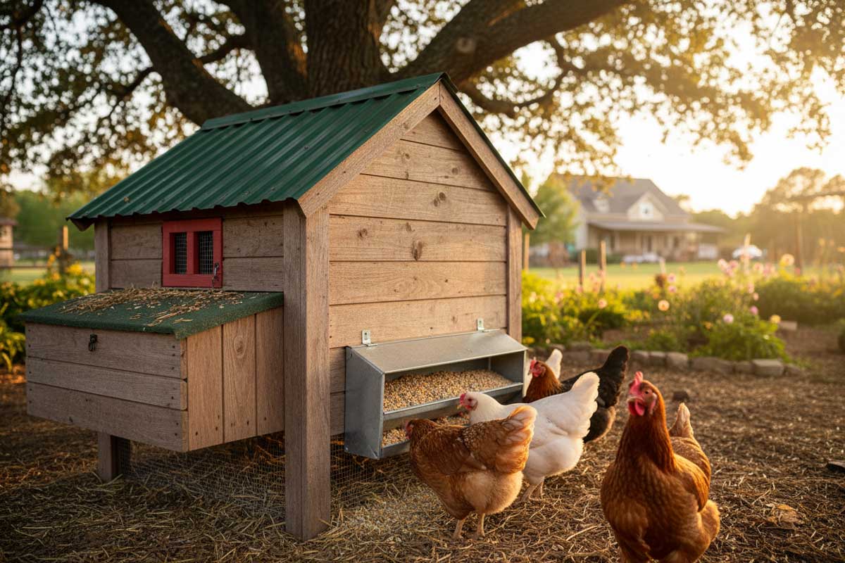 Chickens eating from a feeder in a calm backyard (placeholder)