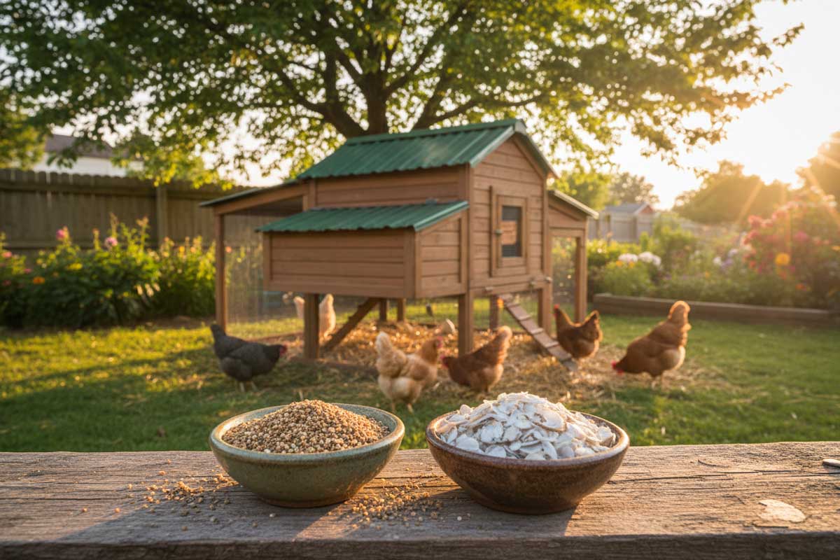Small containers of grit and oyster shell for laying hens