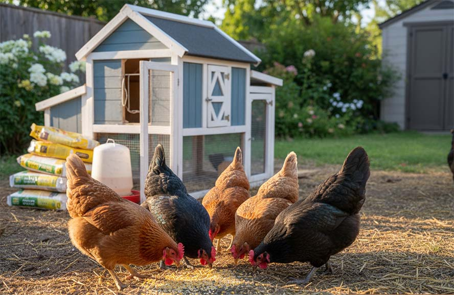 Hens eating in the grass