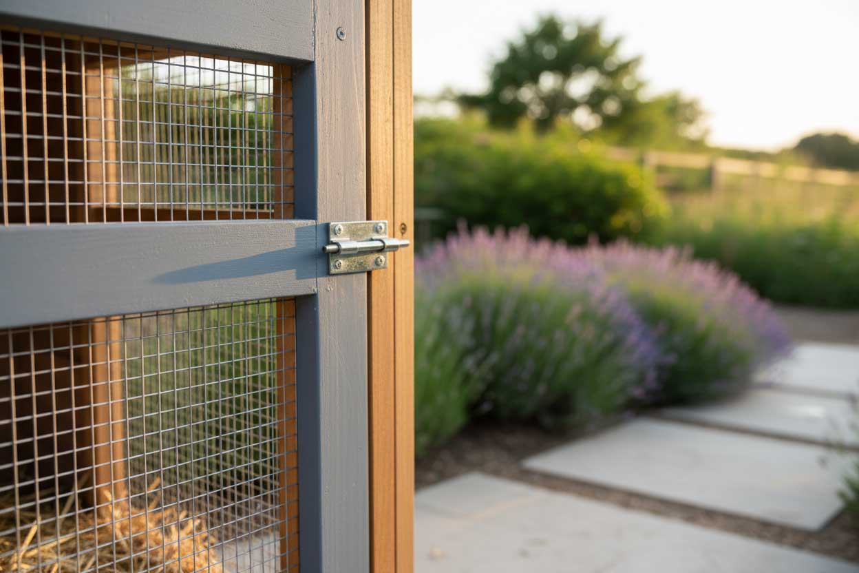 Secure coop latch and hardware cloth panel at dusk