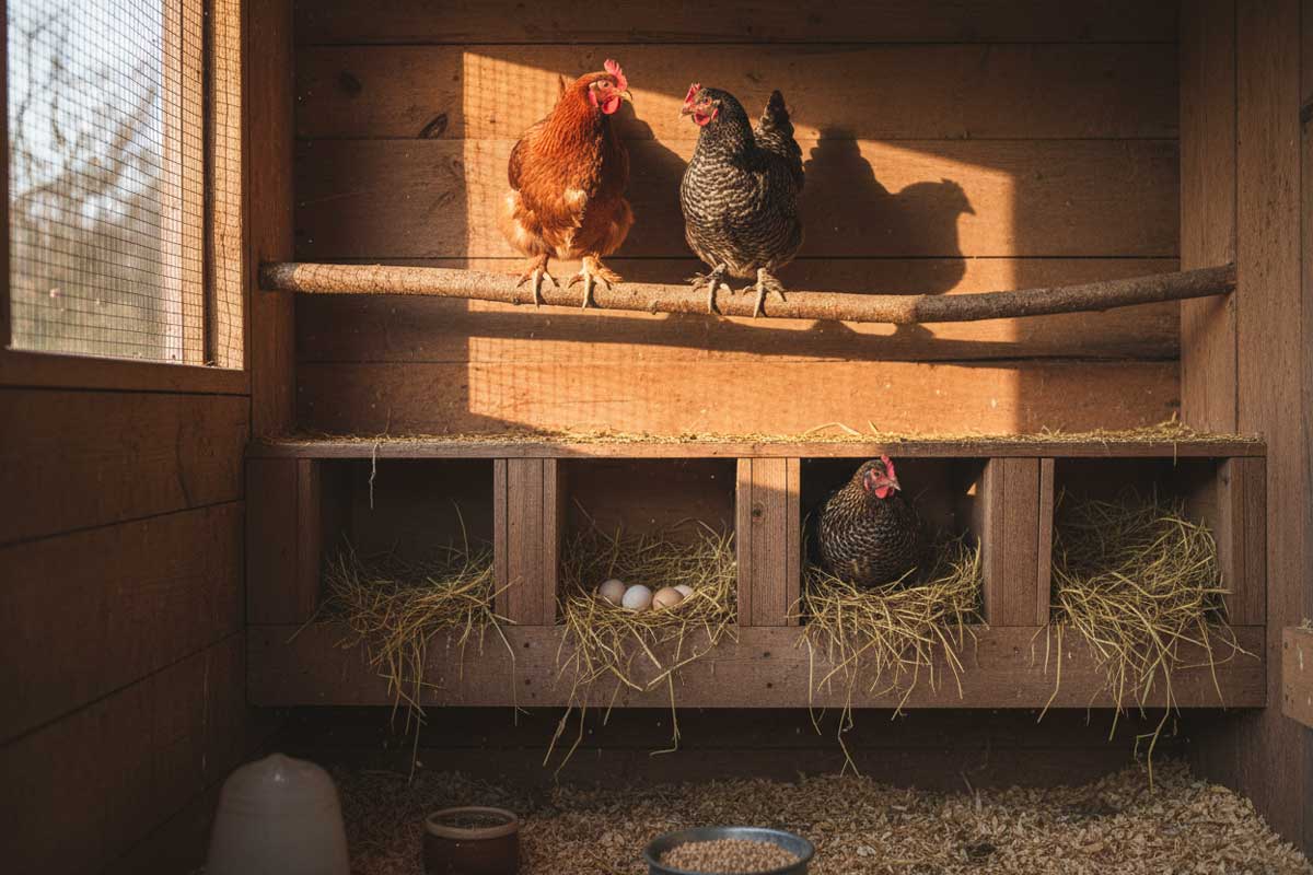 Roost bars and nesting boxes inside a coop (placeholder)