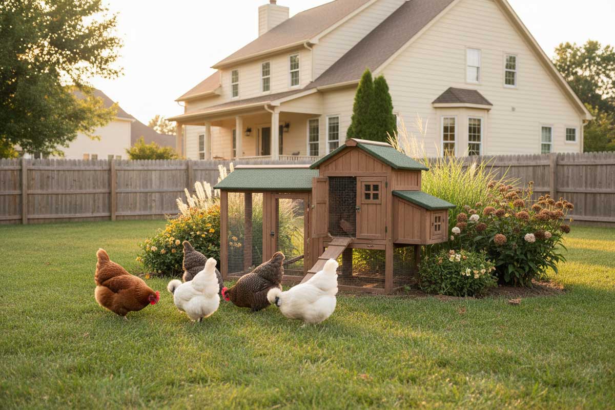 Chickens in backyard eating in the grass
