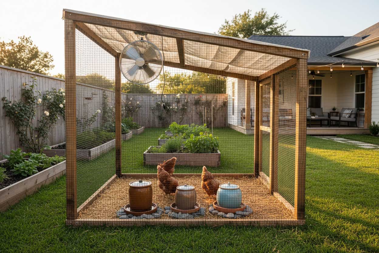 Backyard hens under shade during hot summer weather