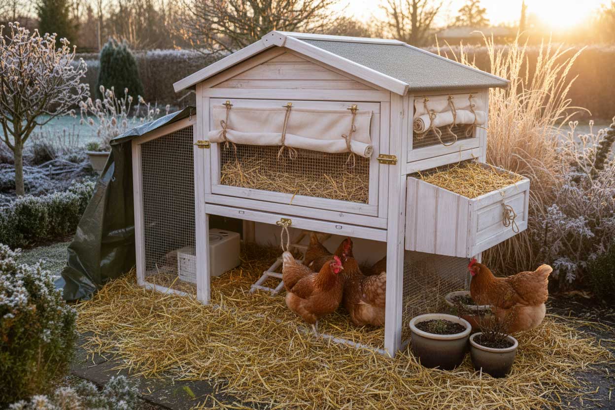 Backyard chicken coop prepared for winter with covered vents and dry bedding
